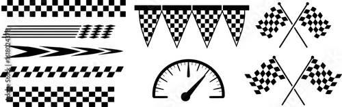 Racing checkered flags speedometer speed lines and arrow graphics vector
