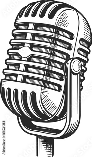Vintage microphone hand-drawn illustration, retro audio device, classic music mic sketch, black and white radio podcast equipment vector art