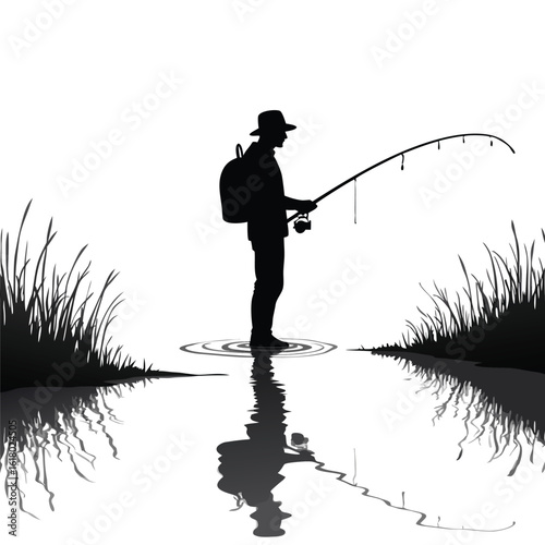 Fisherman silhouette casting rod in water with grassy banks and reflection fishing reel