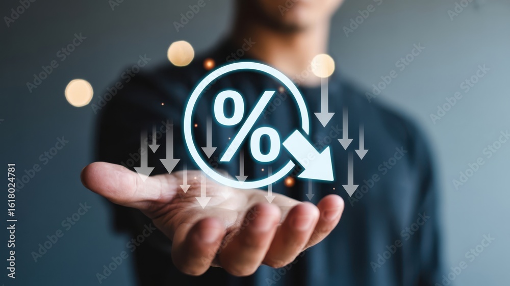 Achieving Interest Rate Reduction: A hand presenting a glowing percentage icon with a downward arrow, emphasizing financial savings and optimized borrowing costs. Achieving Interest Rate Reduction: A hand presenting a glowing percentage icon with a downward arrow, emphasizing financial savings and optimized borrowing costs.