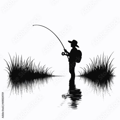 Fisherman silhouette casting rod in water with grassy banks fishing