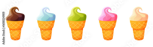Five ice cream cones of different flavors and colors: vanilla, chocolate, strawberry, and pistachio. A summer dessert. The image is a vector illustration on a white background.