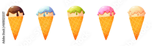 Five cones with a ball of ice cream with frosting, different flavors and colors: vanilla, chocolate, strawberry, and pistachio. Summer dessert. Image on a white background, vector illustration.