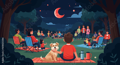 Evening Picnic Scene with Families, Dog, and Crescent Moon in Park.