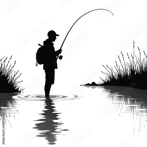 Fisherman silhouette casting rod in water with reeds fishing