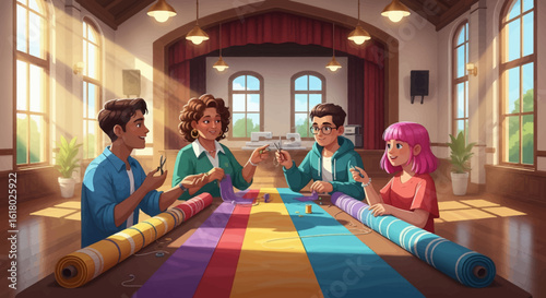Enthusiastic Group Crafting Together with Colorful Fabric Rolls in Bright Room