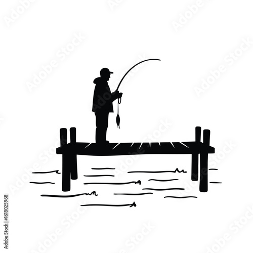 Fisherman silhouette on pier with caught fish fishing dock