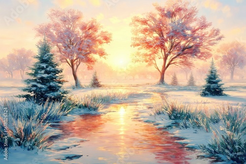 Winter sunrise over a snowy landscape.  Colorful trees, frosted grass, and a stream reflecting the light