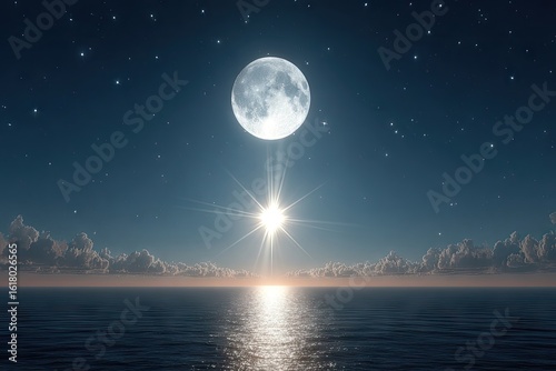 Vast ocean, moon, sun, night sky, clouds