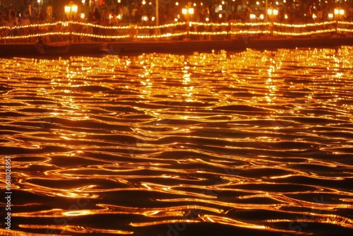 Water surface illuminated by night lights