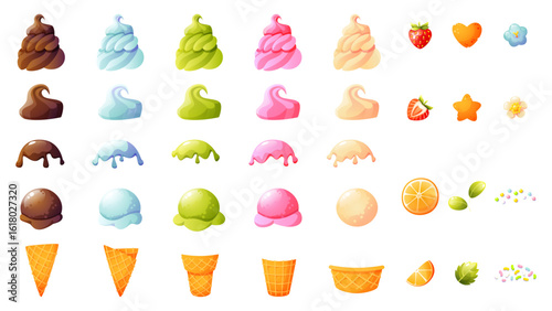 Ice cream constructor. A set of ingredients for making different types of ice cream. Different flavors, colors, cones, cups, fillings and toppings.