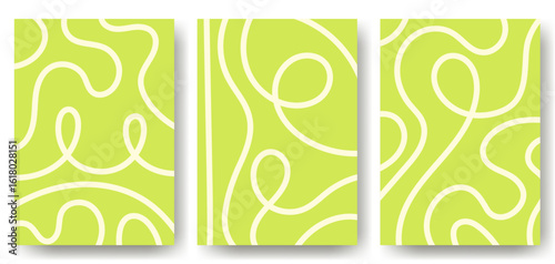 Set of backgrounds with abstract white lines on green background. Pattern in the form of waves, curls. Smooth graphic elements, modern objects from vector abstract lines. Striped background.