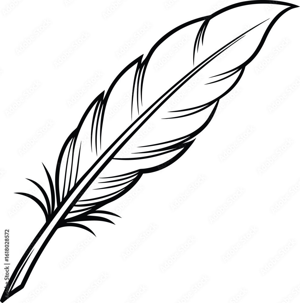 Fototapeta premium Black and white feather drawing isolated on transparent background