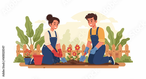 Happy Couple Gardening Together in a Sunny Backyard
