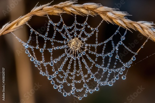 Dewdrop-laden spiderweb on a golden stalk
