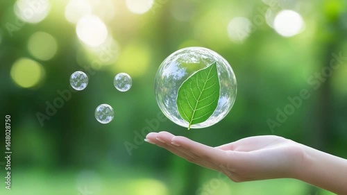 Eco-Harmony in the Palm: A delicate hand cradles a transparent bubble encapsulating a vibrant green leaf. This image evokes a sense of environmental stewardship.