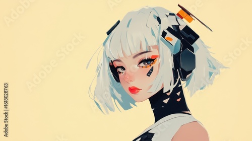 Stylish anime girl with futuristic headphones and vibrant makeup.