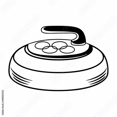 Black and white outline of a curling stone with Olympic rings on a white background sport winter sport