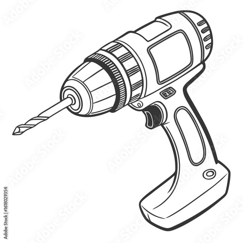 Black and white line drawing of a cordless drill with a drill bit power tool