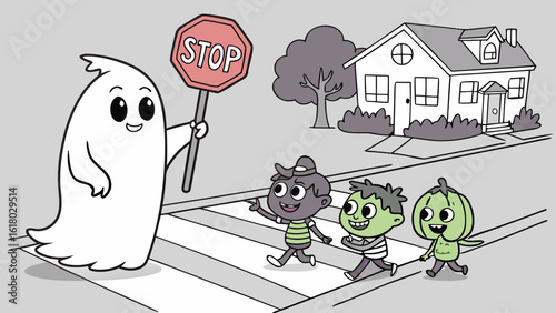 Cartoon ghost holding a stop sign helping children dressed in costumes cross the street near a house