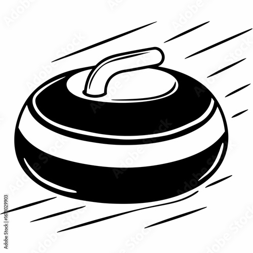 Black and white curling stone with motion lines on a white background sport winter sport