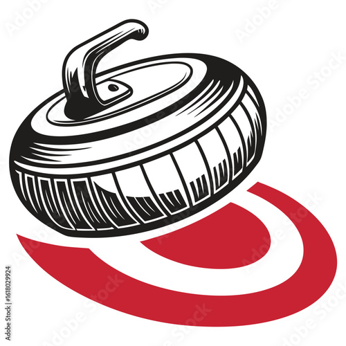 Black and white curling stone with red target symbol on white background sport winter sport