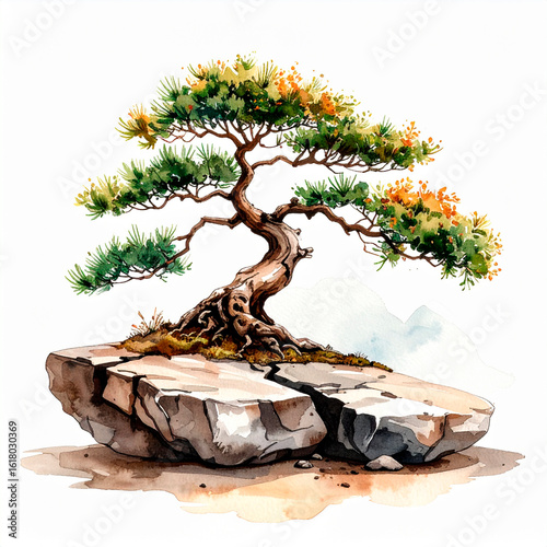 Watercolor bonsai tree on rocky cliff — Zen nature illustration