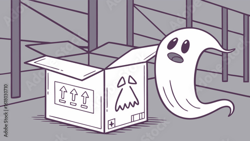 Illustration of a cartoon ghost emerging from a cardboard box in a warehouse setting with shelves