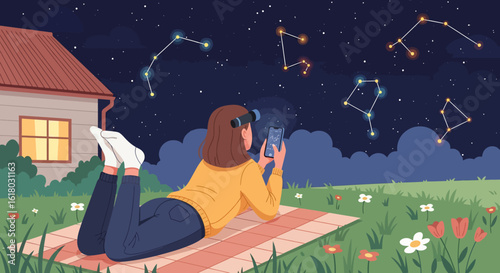 Observing Constellations: A Woman's Nighttime Stargazing with Smartphone and Telescope.
