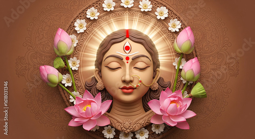 Hindu festival durga puja goddess durga face made of clay and beautiful lotus flower decorations