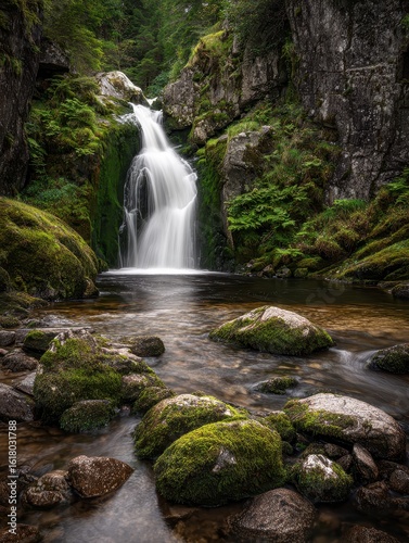A waterfall in a forest with moss growing on rocks