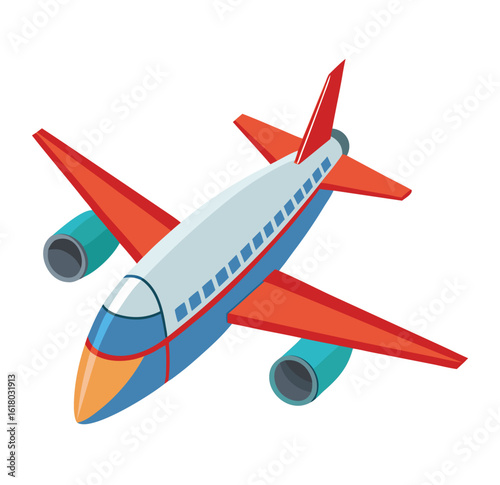 Modern airplane silhouette flying across a clean white background