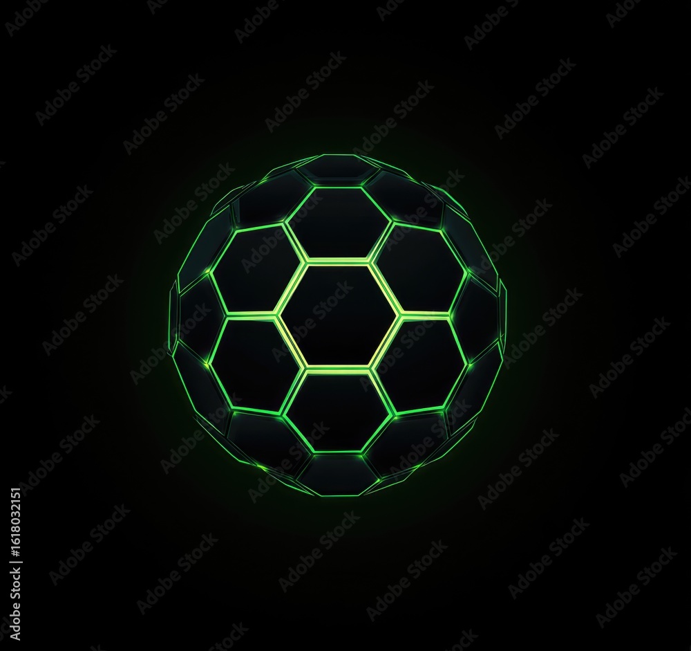 Fototapeta premium A dark sphere composed of hexagonal facets, glowing with a vibrant green luminescence along its edges against a pitch-black backdrop