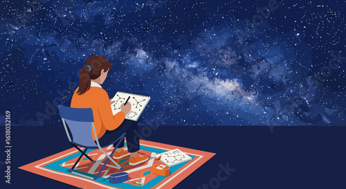 Observing the Cosmos: A Woman Sketches Celestial Constellations Under the Night Sky