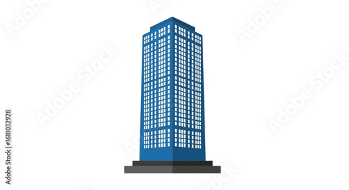 Sleek modern blue skyscraper with numerous windows stands tall on a grey base representing urban architecture and business.