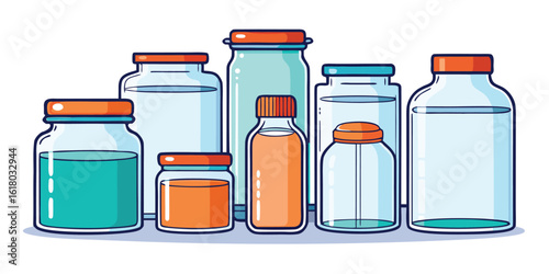 A collection of various glass jars and bottles with colorful liquids and orange lids