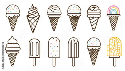 Variety of Ice Cream and Popsicle Line Art Illustrations for Summer Treats and Dessert Designs