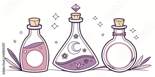 Three magical potion bottles with cork stoppers, containing colorful liquids and decorated with mystical symbols like moons and stars