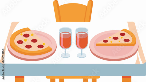 Cartoon illustration of a table set for dinner with pizza slices and wine glasses present nicely