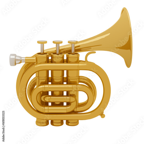 Golden trumpet instrument on white background