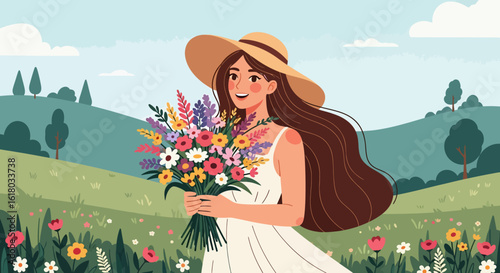Smiling woman in a sunhat holding a vibrant bouquet of wildflowers in a meadow.
