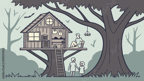 Illustration of a treehouse with a man sitting inside and two children standing below the tree trunk