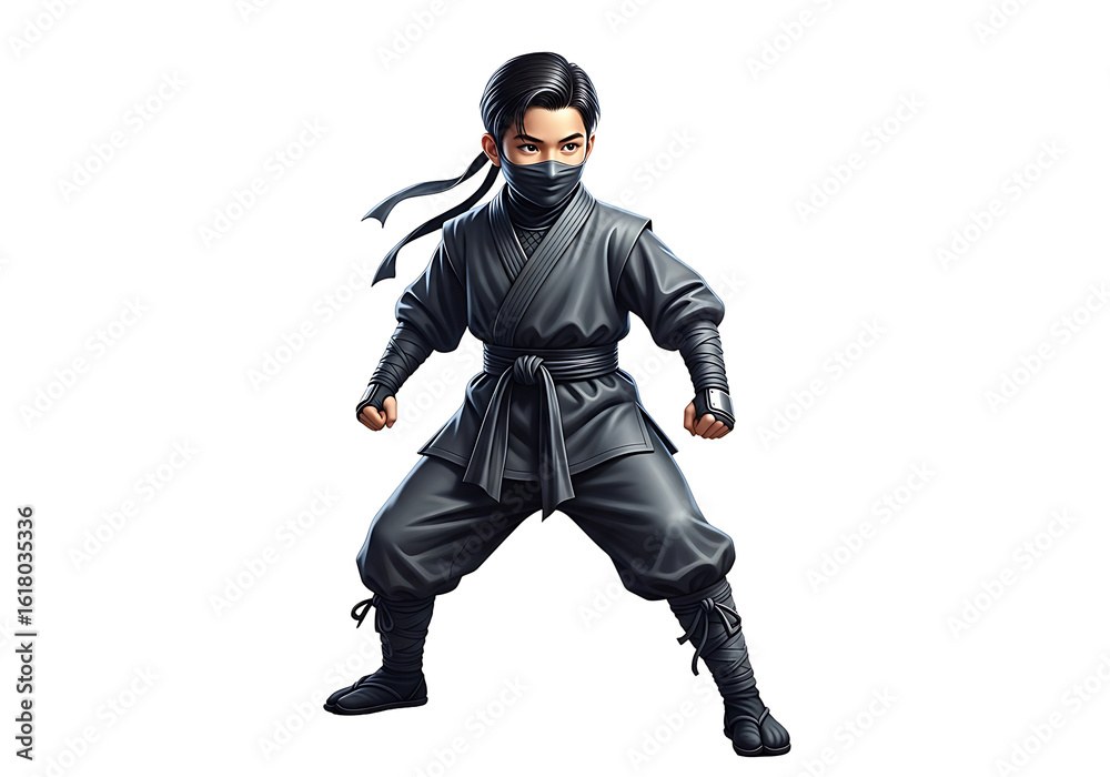 A young ninja figure in a dark martial arts outfit. A young ninja figure in a dark martial arts outfit.