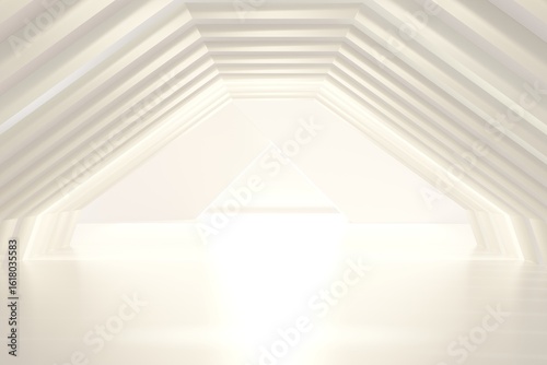 Fototapeta Naklejka Na Ścianę i Meble -  3d glowing geometric tunnel with triangle light opening. minimal abstract background for product showcase. 3d render.