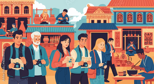 Tourists Explore a Vibrant Asian Crafts Market