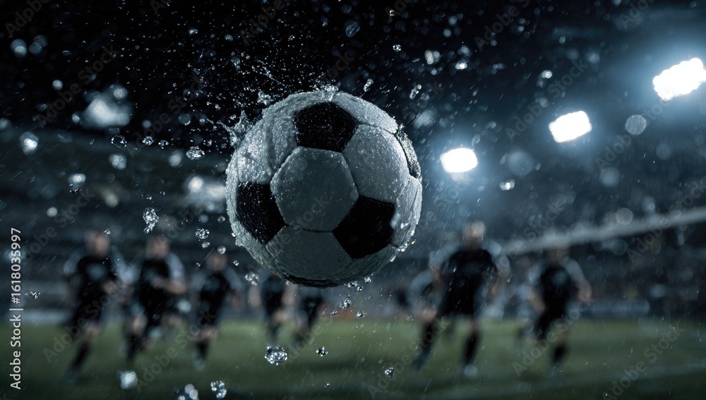 Naklejka premium A wet soccer ball in mid-air, splashing water, surrounded by blurred, running players under stadium lights at night