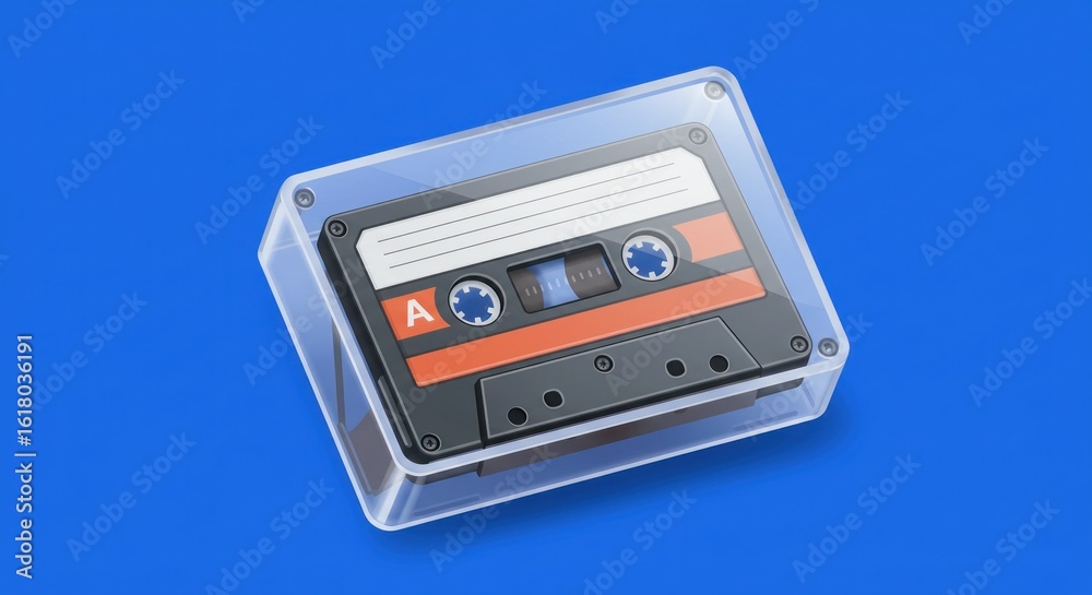 Fototapeta premium A realistic illustration shows a classic cassette tape inside a transparent plastic case, set against a solid blue background