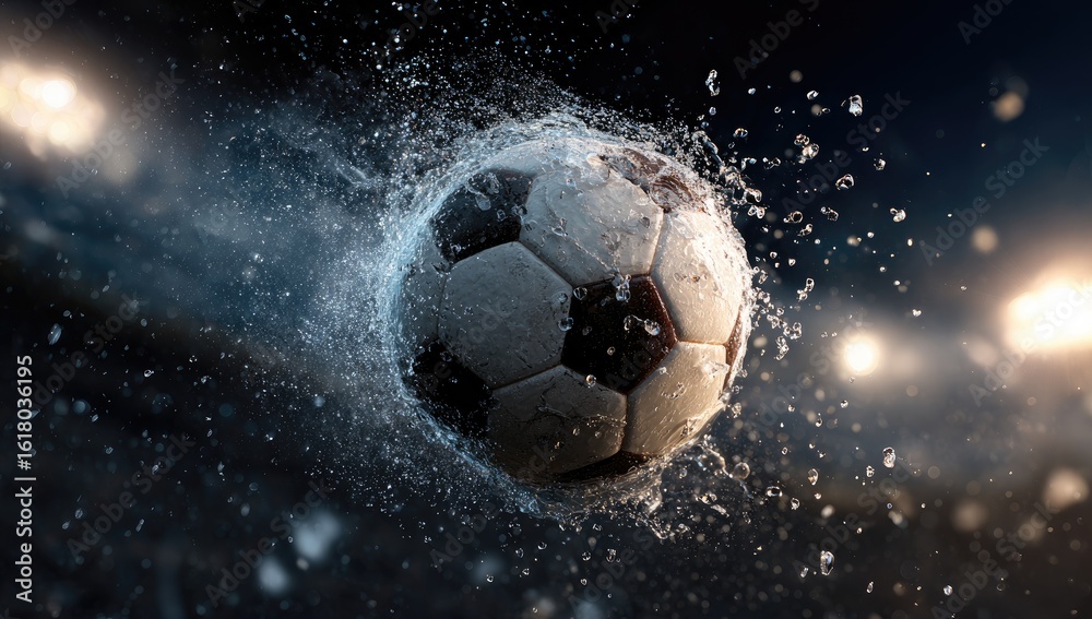 Fototapeta premium A wet soccer ball in motion, blurred water droplets surrounding it against a dark stadium background with bright lights