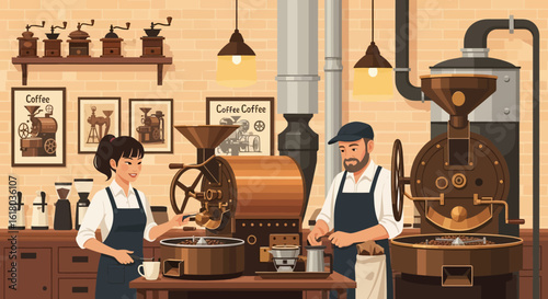 Two Baristas Working in a Retro Coffee Roasting Shop
