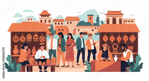 Vibrant Asian Marketplace Scene with Diverse People and Traditional Crafts